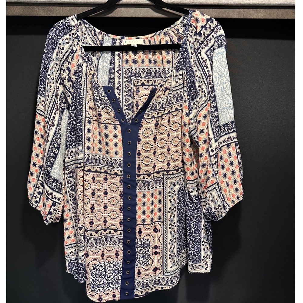 Halo Womens 1X Blouse Navy Blue Coral Patchwork Grommet Neck 3/4 Sleeve Top